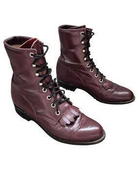 Justin Womens Burgundy Leather Lace-Up Boots Size 7B Vintage Style Fringe Boho